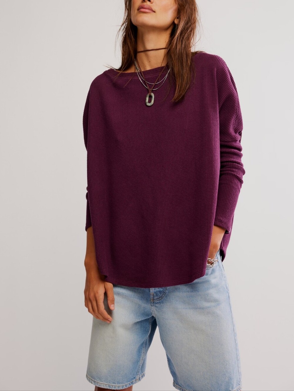 Free People We The Free Plum Oversized Waffle Thermal Top S